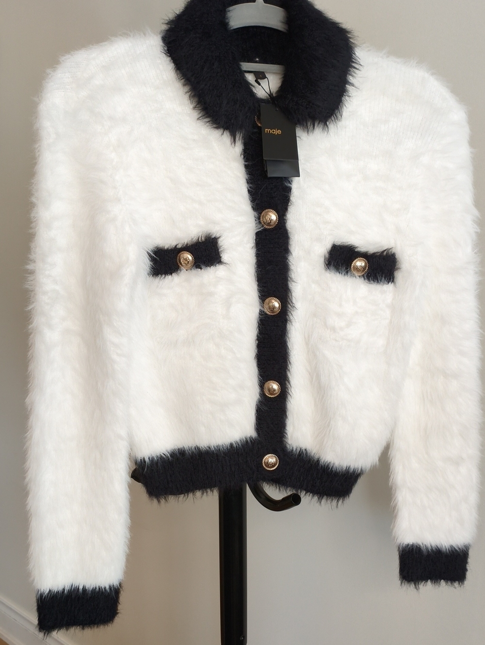 NWT Maje Fluffy Knit Cardigan in White & Black